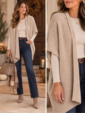 One Grey Day Oatmeal Oversized Open Knit Cardigan L